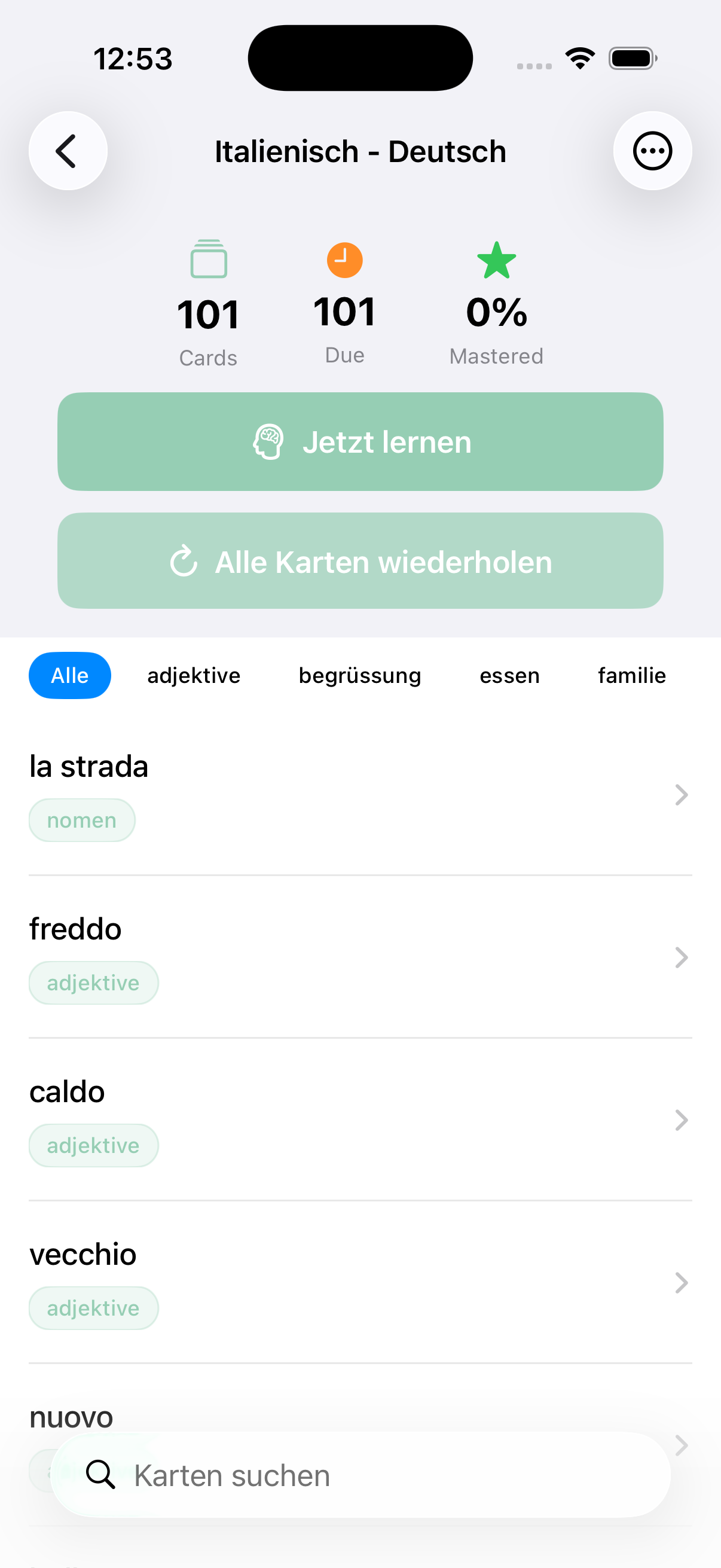 Stapelübersicht mit Karten und Tags